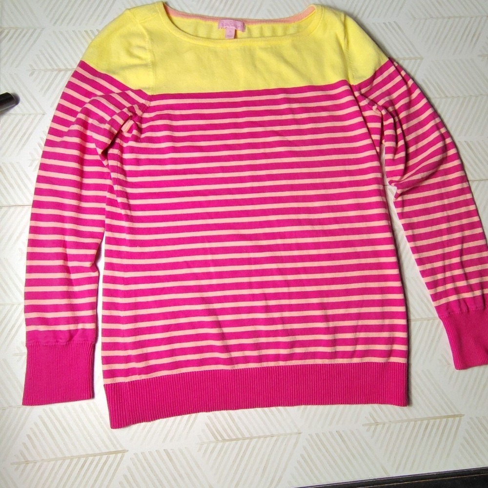 Lilly Pulitzer Pink Yellow Striped Colorblock Cotton Blend Sweater XL 1466